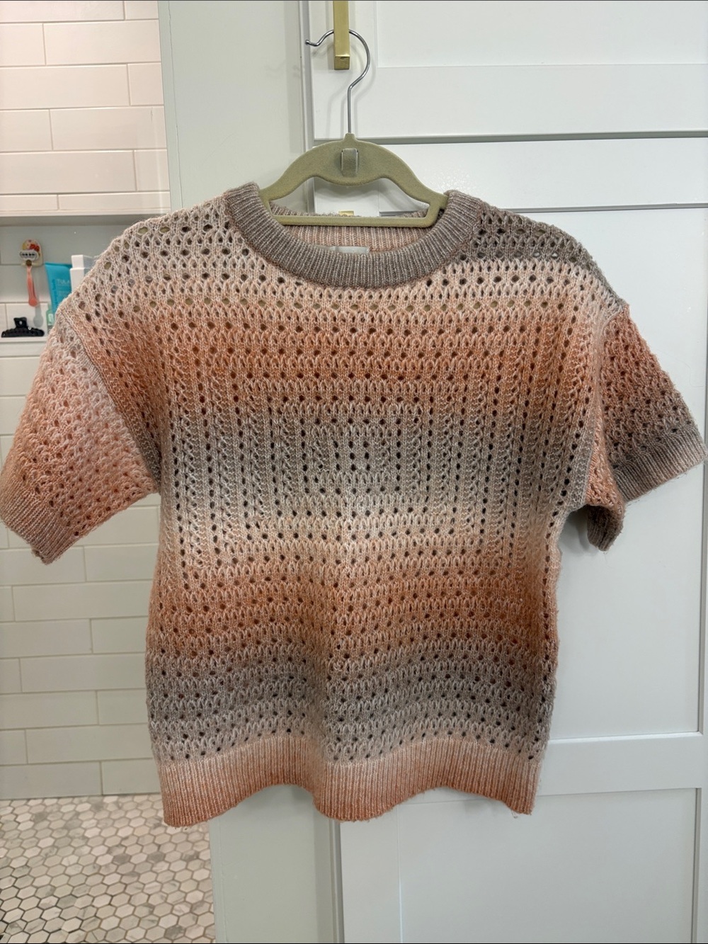Design History Peach Taupe Ombre Crochet Crewneck Sweater